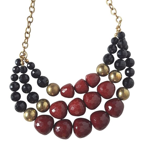 Vintage Chunky Bib Necklace Faceted Red Beads Multistrand Statement Necklace - Picture 2 of 4